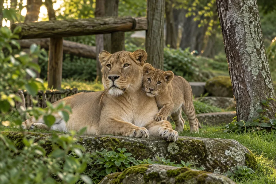 A lioness and cub in a carefully managed London Zoo habitat