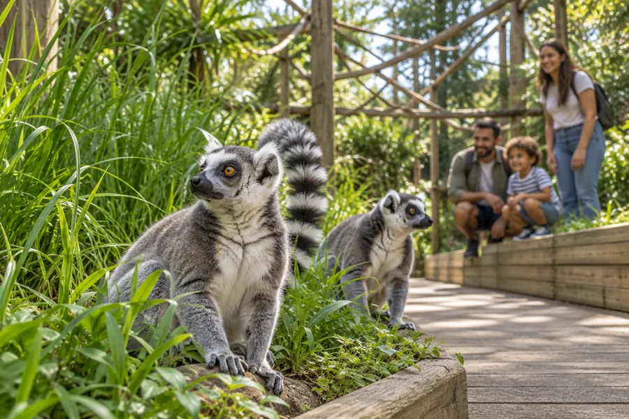 Visitors exploring a walk-through animal habitat